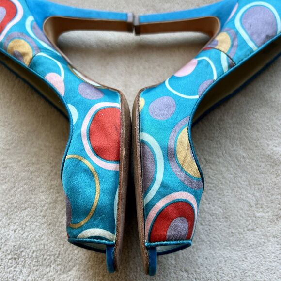 Martinez Valero Turquoise Teal Fabric Peep Toe Pump Multi-Color Dots Women’s 8.5 - Picture 16 of 16